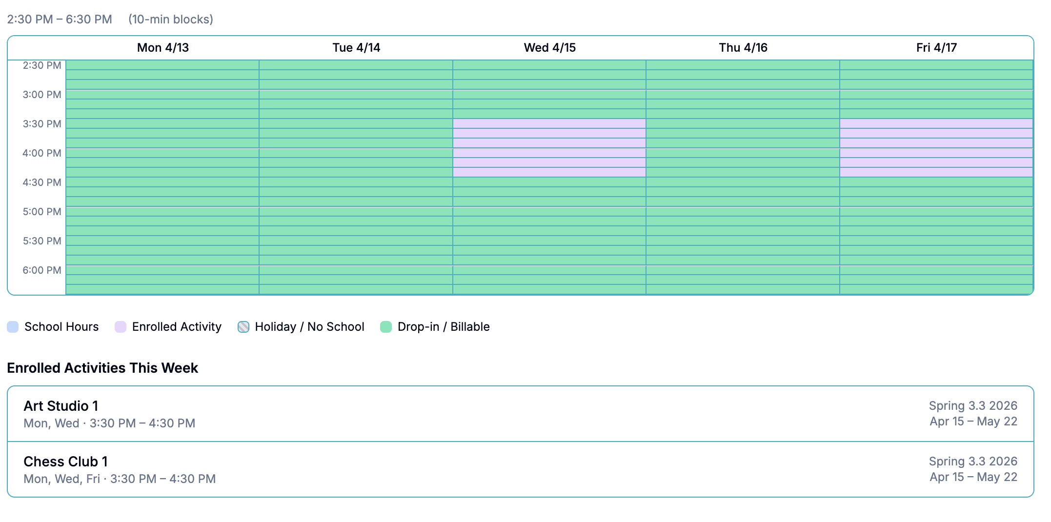 Parent Activity Tracker showing each child's classes, drop-ins, and lessons for the week