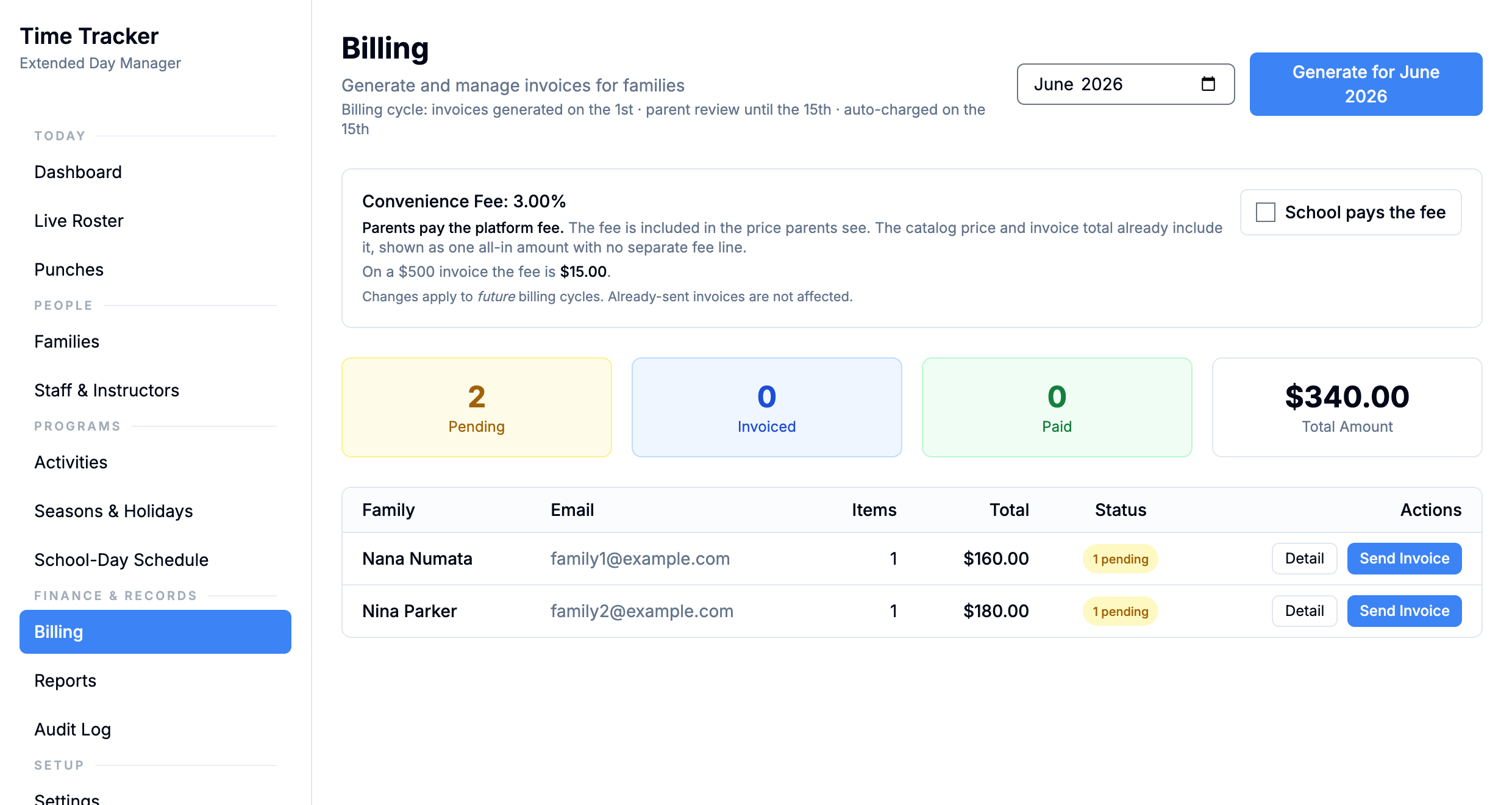 Manager billing page showing the monthly family invoice table with pending statuses and totals