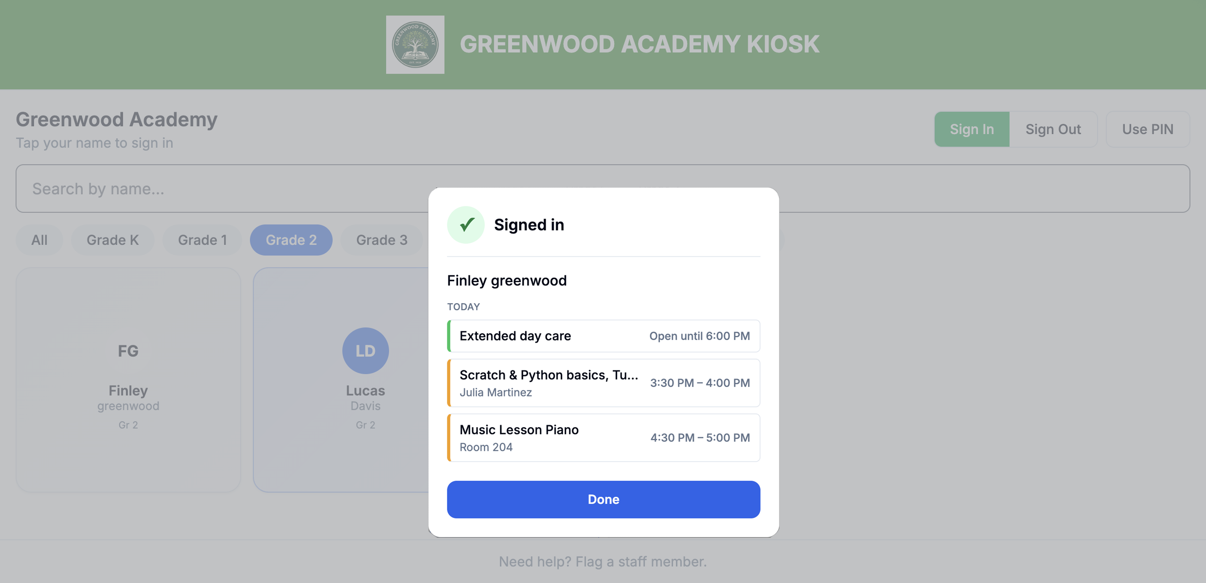 Kiosk sign-in confirmation over the name grid, listing the student's activities for the day with times, room, and instructor, plus when extended day care closes