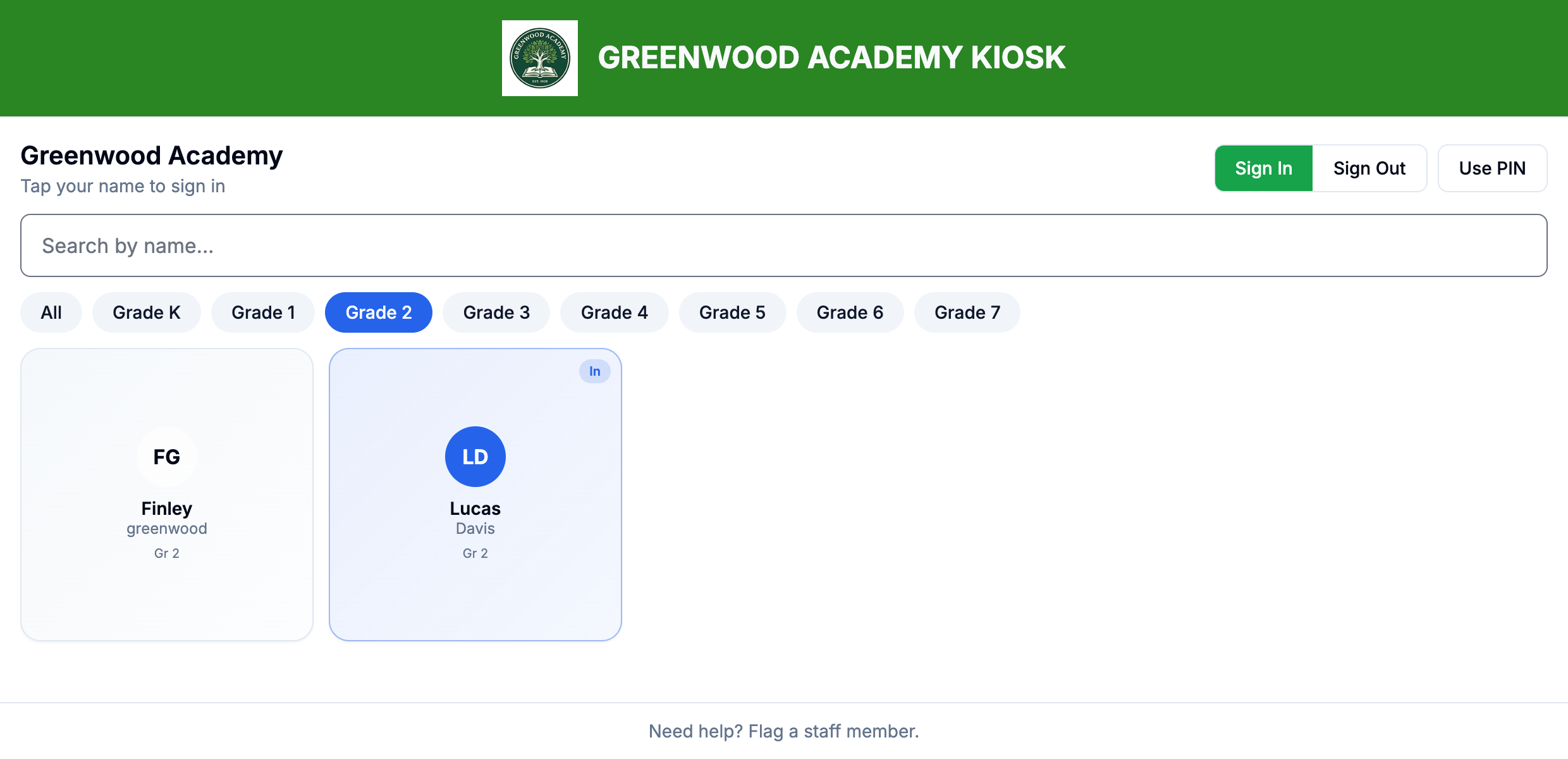 Name-based kiosk showing grade tabs and student tiles with live signed-in status